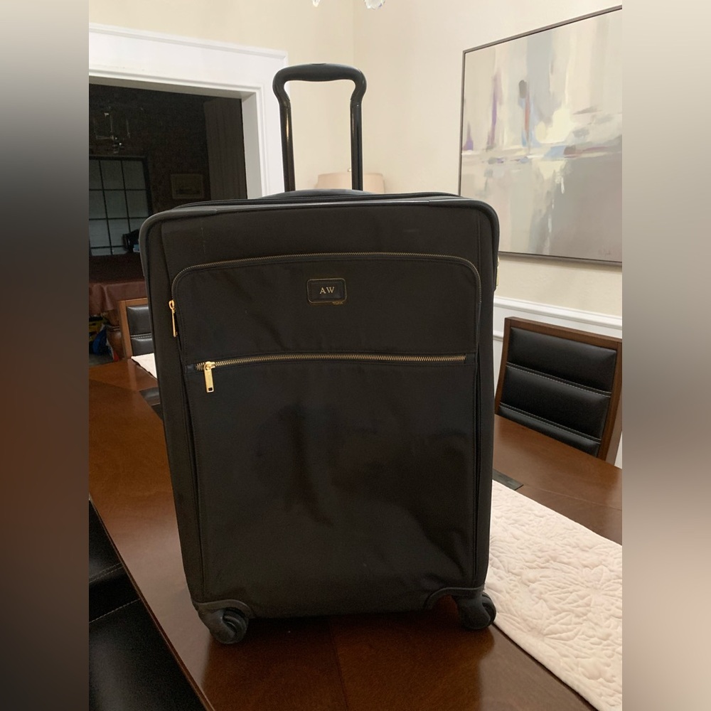 TUMI PreOwned Large Black W/Gold Accents Deluxe Check In Luggage Velour lined - Picture 1 of 16